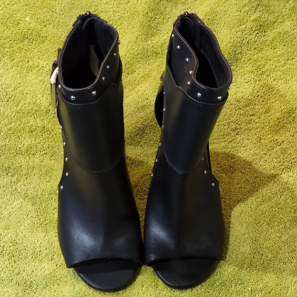Brash Black Studded Open Toed Heeled Boots